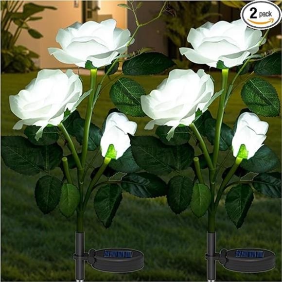 Solar Flowers Garden Lights for Outdoor Decor, 2 Pack Artificial Fake White Rose - Picture 7 of 7